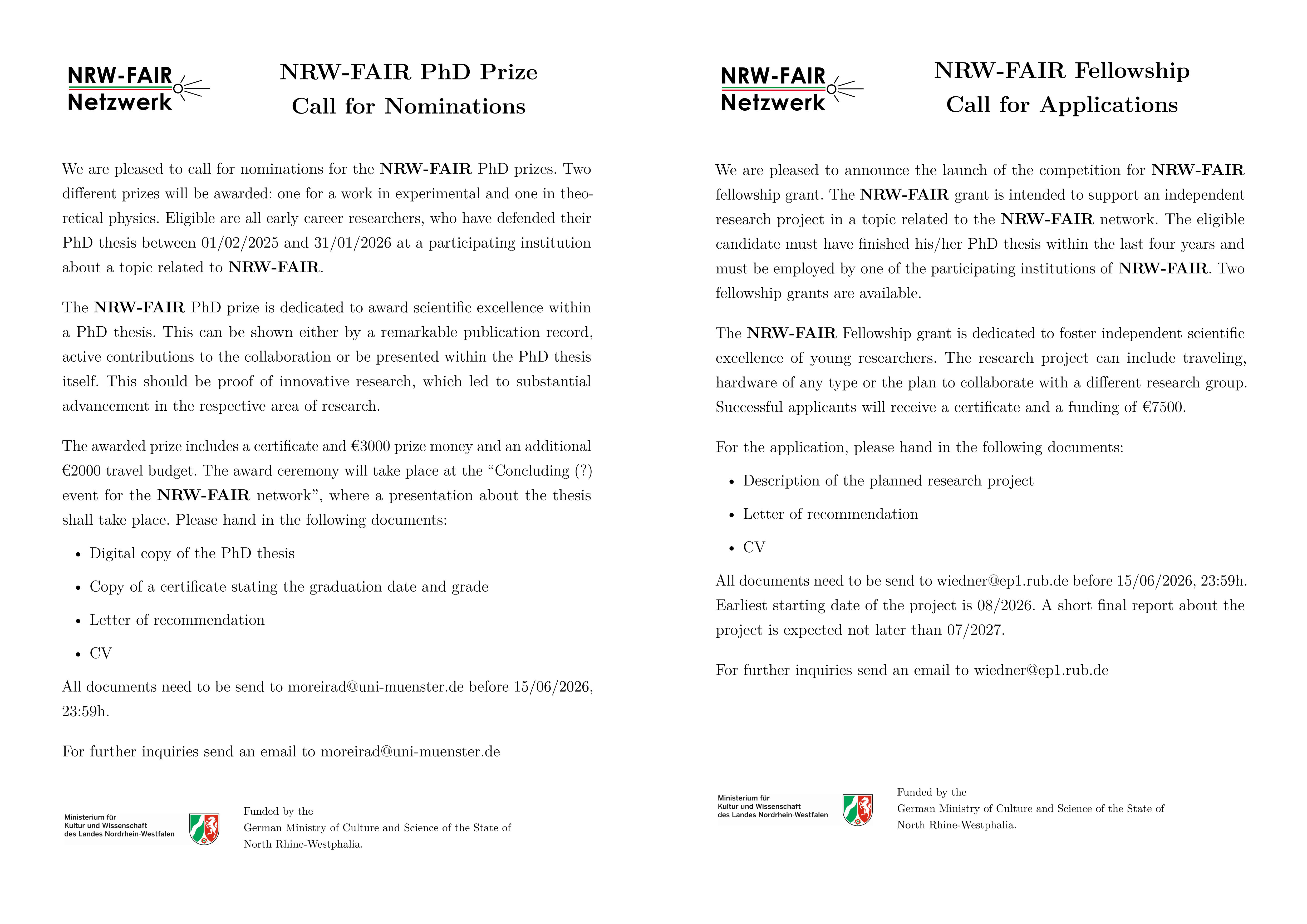 NRW-FAIR PhD Prize & Fellowship Call