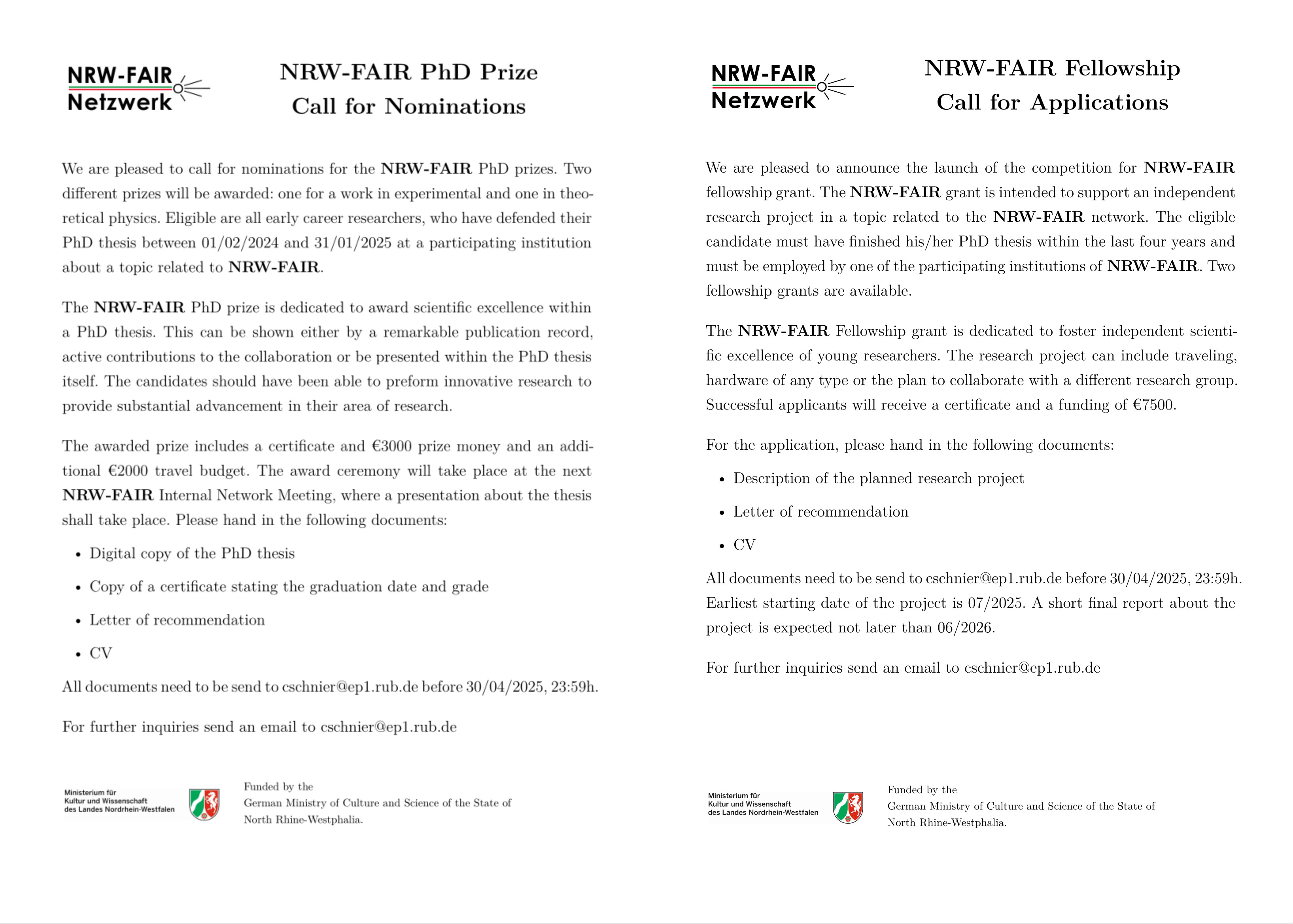 NRW-FAIR PhD Prize & Fellowship Call