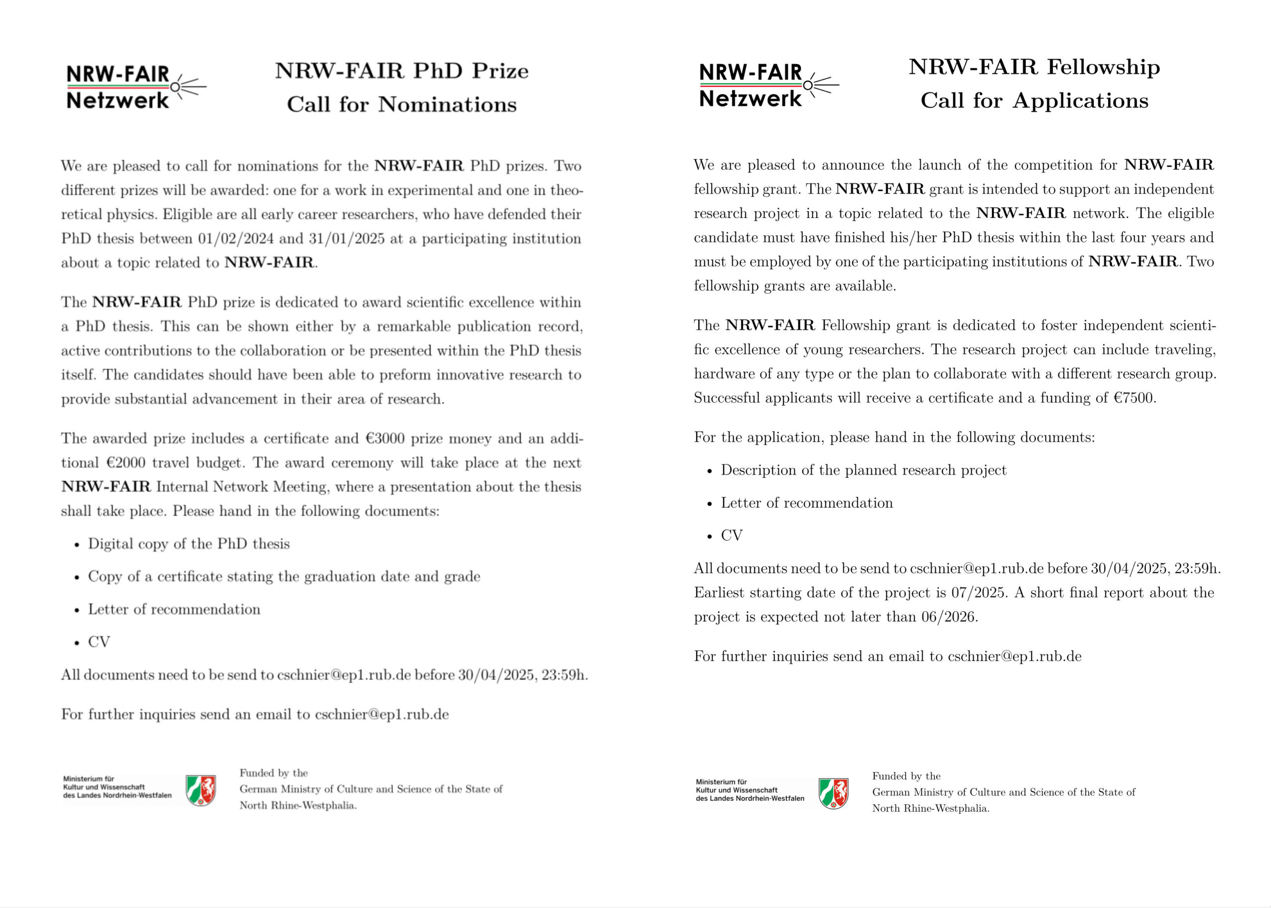 NRW-FAIR PhD Prize & Fellowship 2024 Call