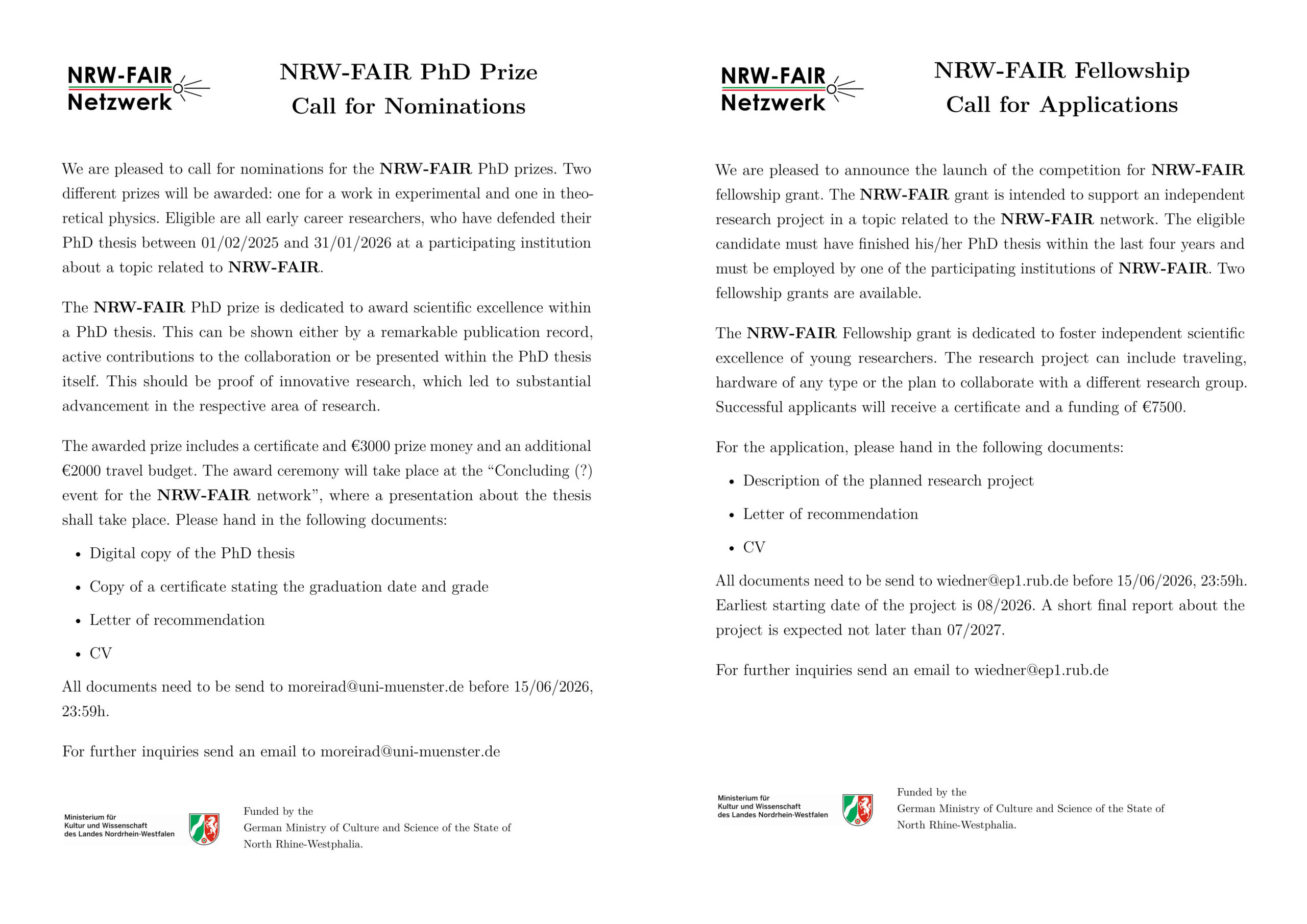NRW-FAIR PhD Prize & Fellowship Call